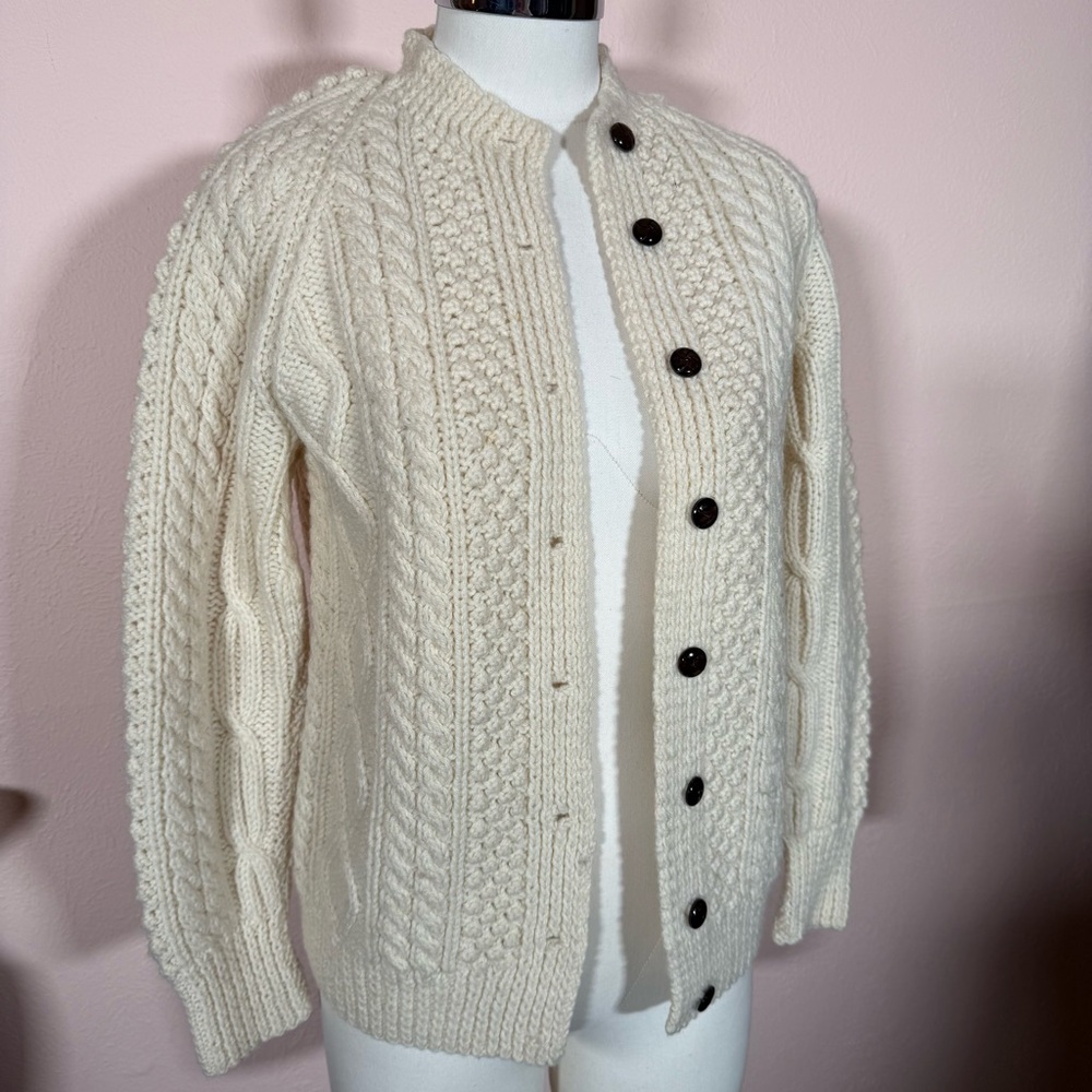 Vintage 1950’s hand knit Cable Knit Irish wool Cream Cardigan sweater fisherman - Picture 5 of 13